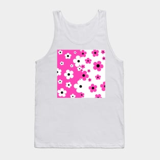 60's Retro Pop Small Flowers in Hot Pink and White, Black Tank Top